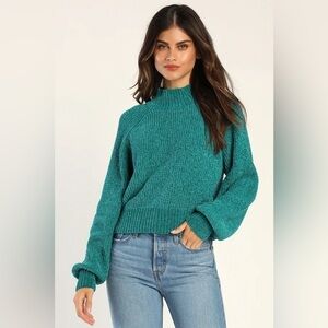 Lulus Seasonally Sweet Teal Green Chenille Mock Neck Sweater, Size XS